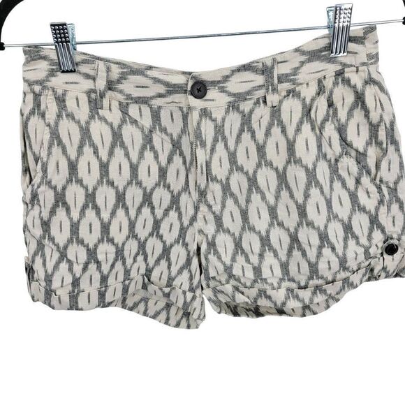 Lucky Brand Linen Short Shorts 2 White Gray Ikat Lightweight Cuffed Hem India - Picture 1 of 10